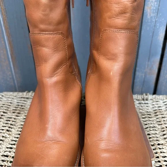 J. Crew Knee High Stacked-Heel Leather Boots Burnished Sand Sz 10.5 - Picture 4 of 16